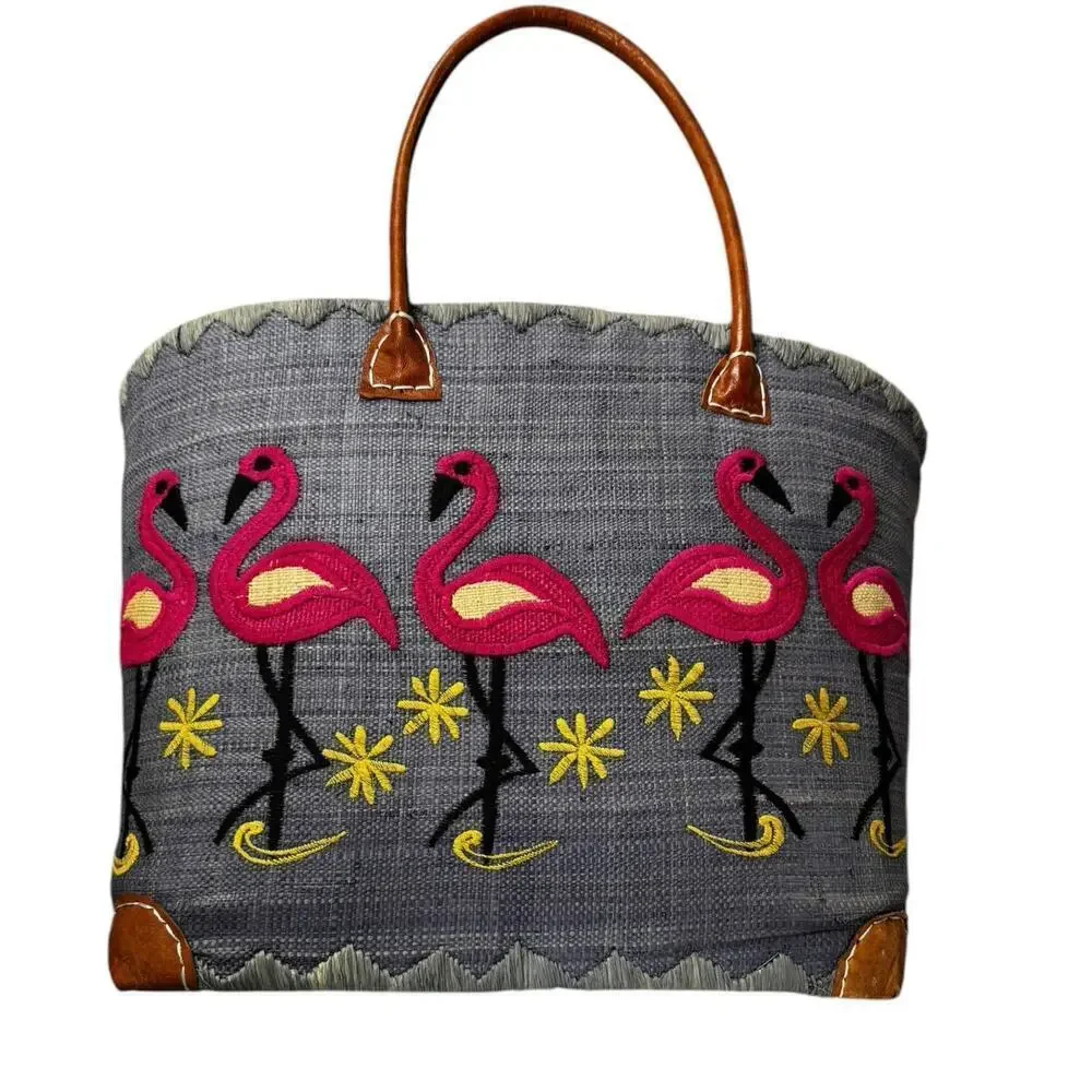 Le Comptoir De La Plage "Madagascar" Woven Raffia Blue/Pink Flamingos ExL Tote - Picture 6 of 16